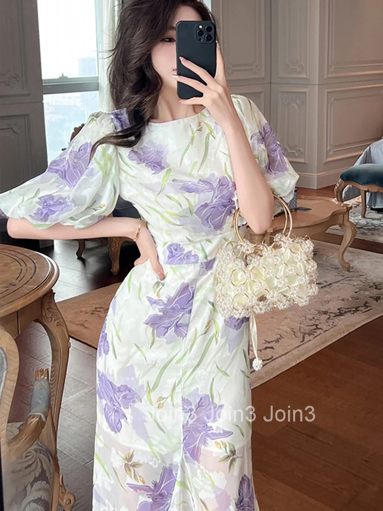 Summer Elegant Office Women Evening Dress Sweet Floral Print O-Neck Slim Midi Fishtail Party Prom Beach Robe Femme Mujer Vestido