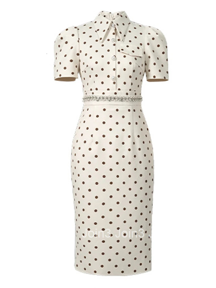 Women Clothes Vintage Dot Print Short Sleeve Slim Midi Pencil Dress Elegant Business Fashion Vestidos Formal Occasion Casual New