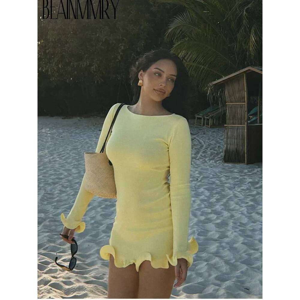 2025 Elegant Yellow Slim Fit Mini Dress Women High Waist Full Sleeve Ruffle Hem Pleated Vestido Female Holiday Summer Party Wear
