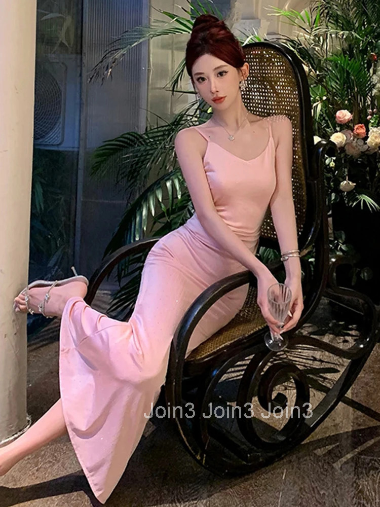 New Summer Fashion Pink Sweet Vacation Evening Fishtail Long Dress Women Clothes Sexy Strap Slim Party Prom Vestidos Robe Femme