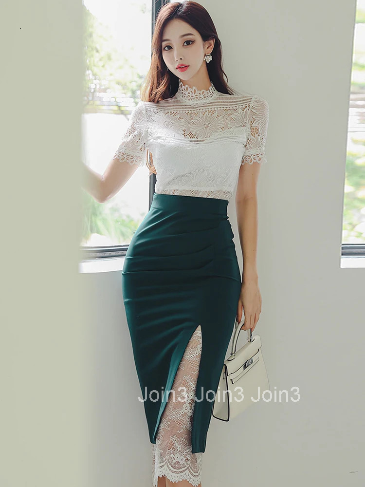 Summer Women Clothes Fashion Elegant 2 Pieces Outfit Sheer Sexy Lace White Tops Shirt Blouse And High Waist Midi Skirt Mujer Set