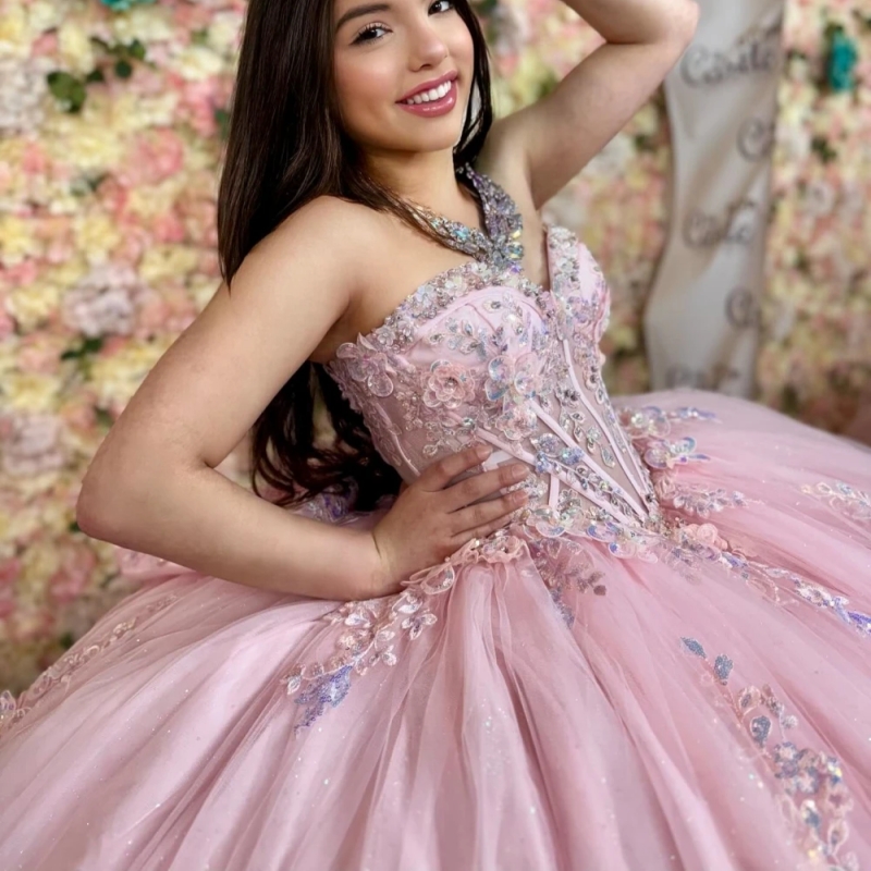 Pink Shiny Princess Sequins Ball Gown Quinceanera Dresses Lace Applique Beading Sweet 16 Dress Vestidos De 15 Anos