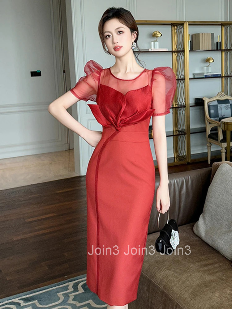 Summer Fashion Elegant Formal Occasion Evening Dress Women Clothes Sheer Sexy O-Neck Floral Slim Midi Pencil Robe Party Vestidos