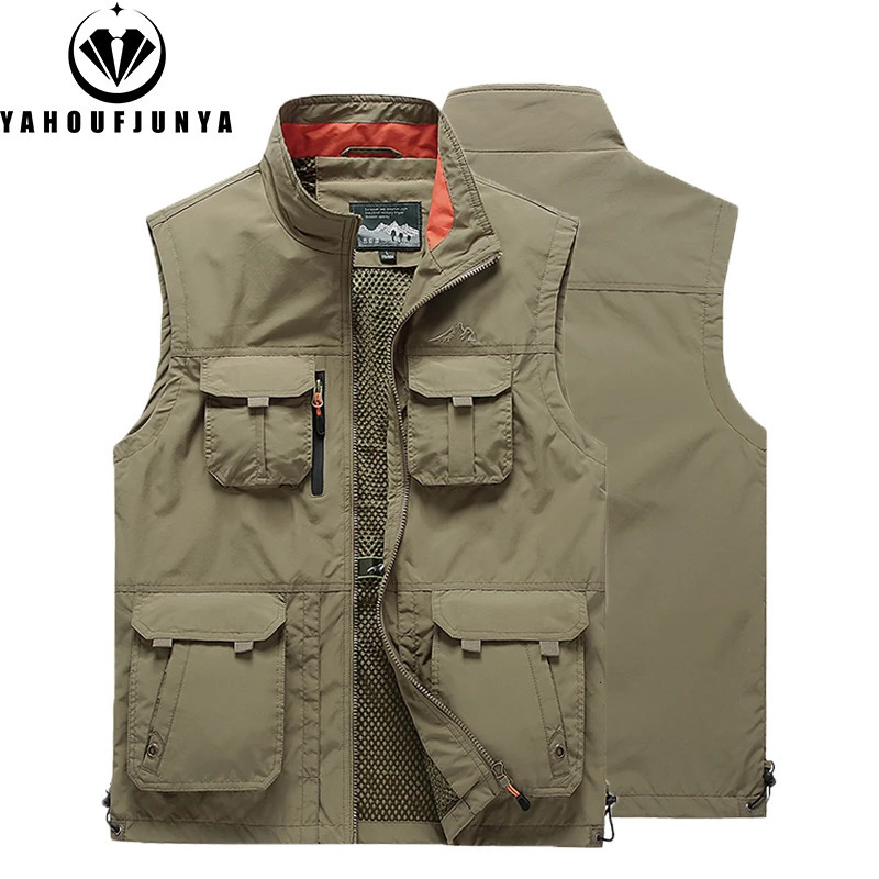 Men Spring Summer Many Pocket Casual Stand Collar Vest Men Sleeveless Solid Color Outdoors Fashion Style Vest Male Coat 6XL 250617