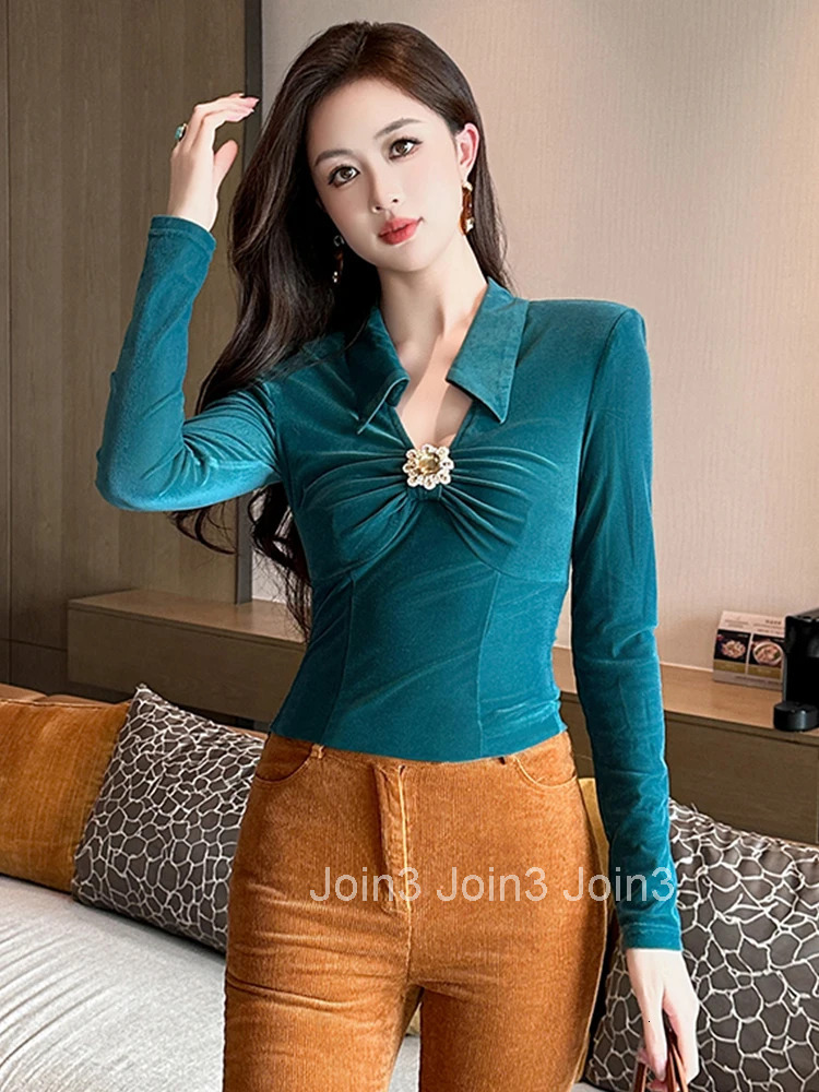 Women Clothes Sexy Solid Color Velvet T-Shirt Elegant Lapel Blouse Female Folds Tops Bottoming Slim Pullover Jumper Spring New