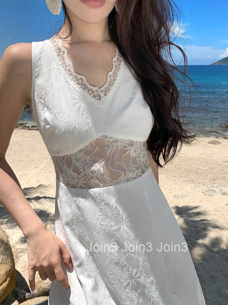 Women Vacation Clothes White Lace Floral Sheer Sexy V-Neck Slim A-Line Long Dress Elegant Fashion Party Prom Vestido Robe Casual