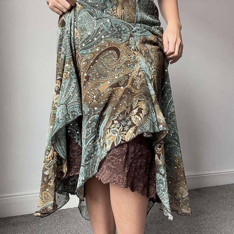 Women's American Style Color Block Irregular Double Layer Patchwork Design Long Skirt B5