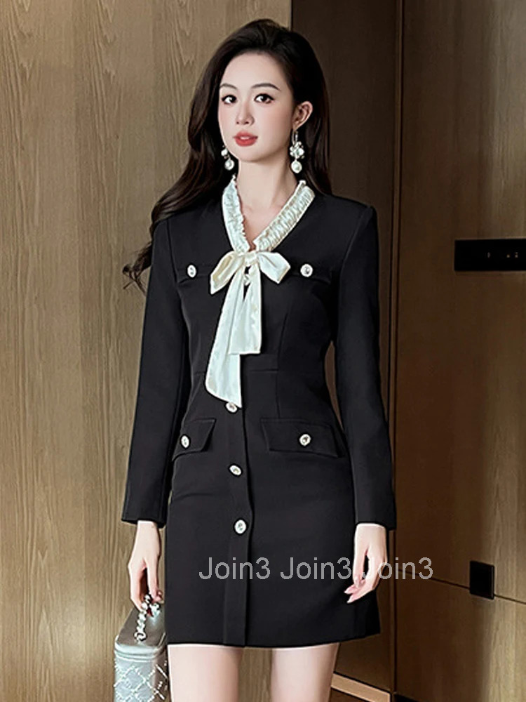Women Clothes Vintage Formal Occasion Black Bow Neck Slim Mini Short Pencil Dress Elegant Ladies Commute Fashion Party Vestidos