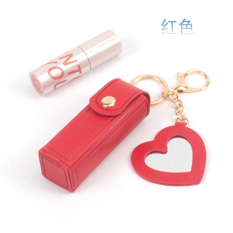 8 Colors Launched! Lipstick Storage Leather Case Keychain, Lovely Heart - Mirror Design