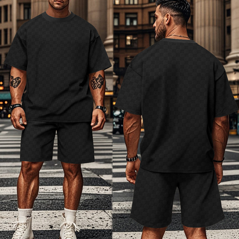 Mens tracksuit fashionable T-shirt casual shorts new jacquard check short-sleeved T-shirt loose large-sized straight casual shorts set European code: 