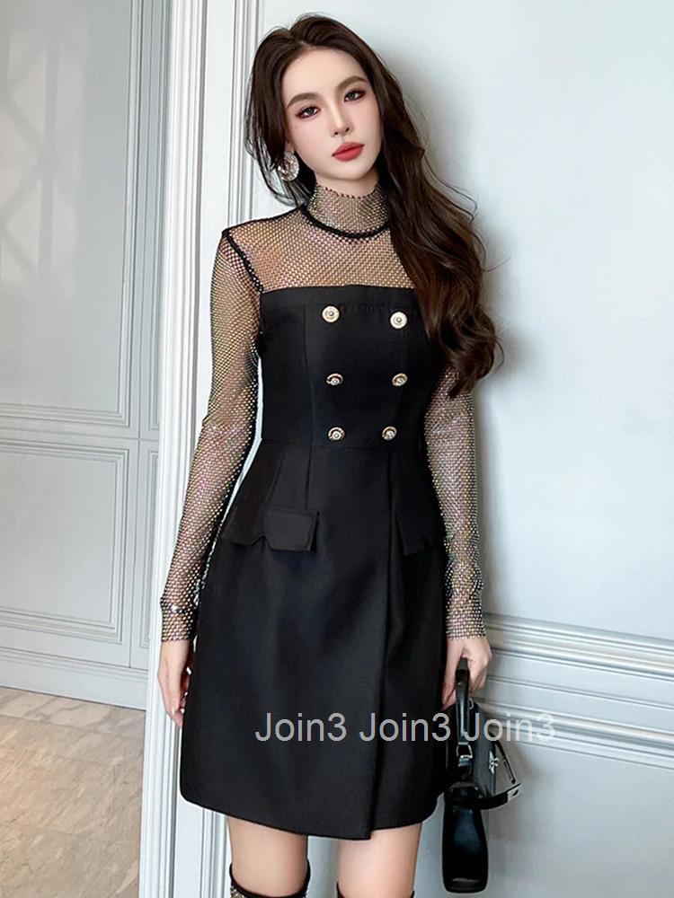 New Spring Elegant Luxury Black Sparkly Evening Short Dresses Women Clothes Chic Sexy Hollow Slim Party Mini Dress Mujer Vestido