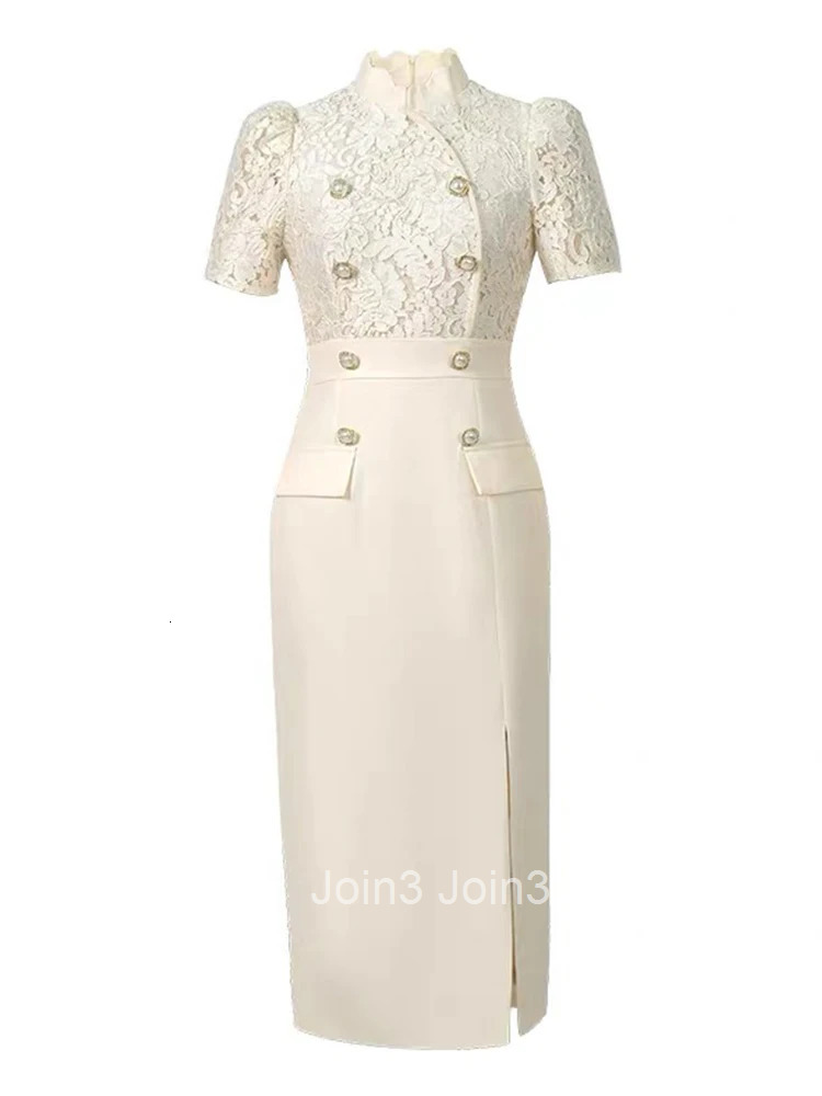 Summer White Fake 2-Piece Lace Splic Formal Occasion Dress Women Clothes Elegant Office Short Sleeve Slim Midi Pencil Vestidos
