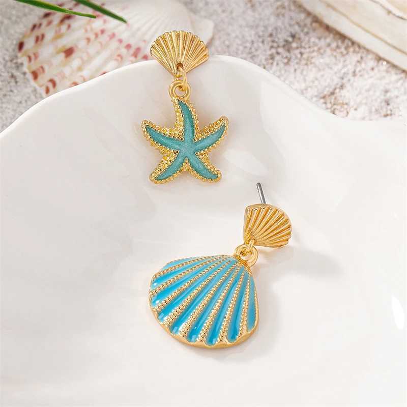Summer Beach Asymmetrical Metal Shell Starfish Earrings for Women Sweet Enamel Conch Drop Earring Girls Holiday Jewelry Gift XJ250623