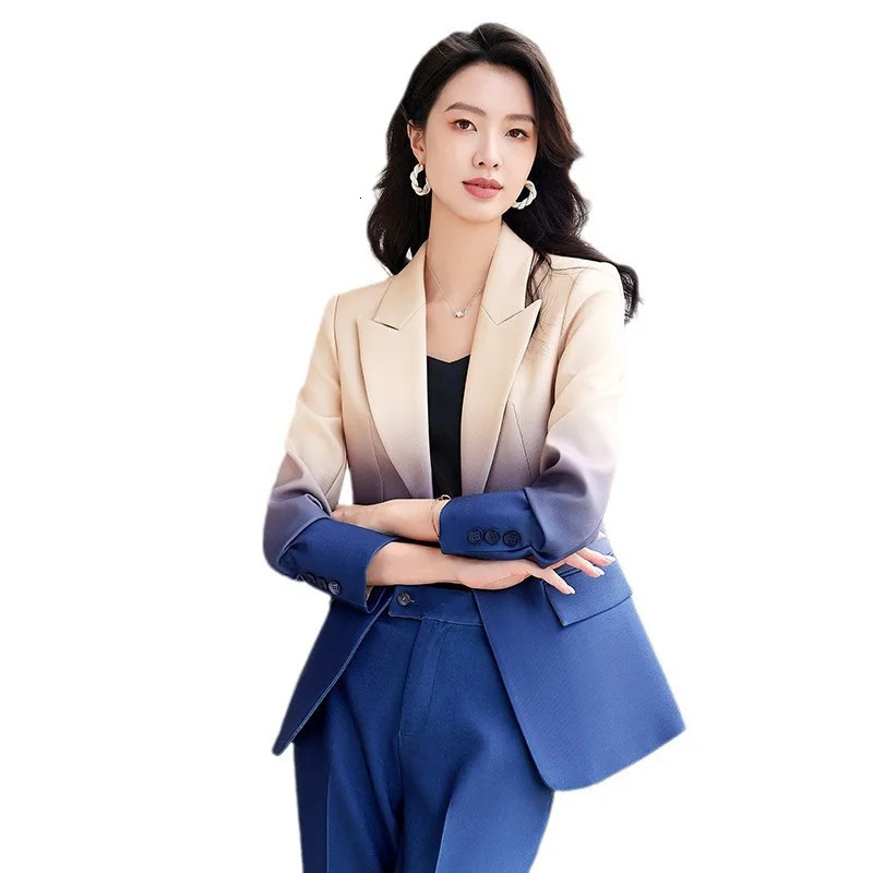 HIGH STREET est Fashion 2024 Suit Set Womens Gradient Color Printed Single Button Blazer Flare Pants 250614