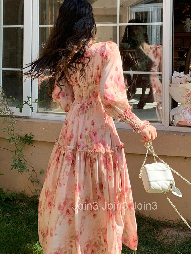 French Romantic Flowers Printed Holiday Dress Women Style Elegant Pleated Ruffle Swing Long Robe Female Vacation Beach Vestidos