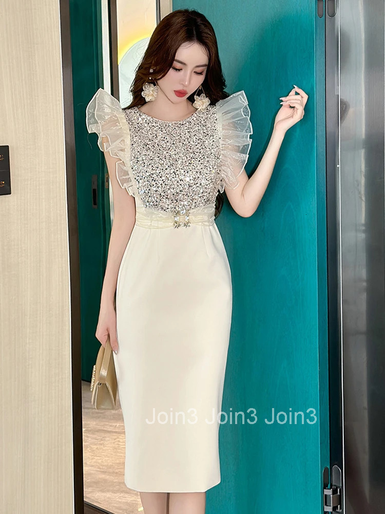 Summer Fashion Elegant Luxury Sparkly Sequin Evening Dress Women Clothes Flying Sleeve Slim High Waist Midi Party Prom Vestidos