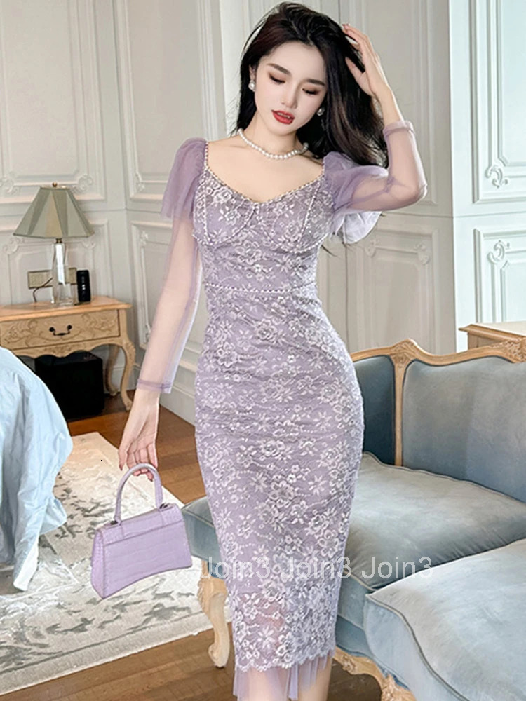 Fashion Spring Autumn Purple Lace Long Skinny Evening Dress Women Clothing Chic Sweet Slim Midi Prom Robe Mujer Ladies Vestidos