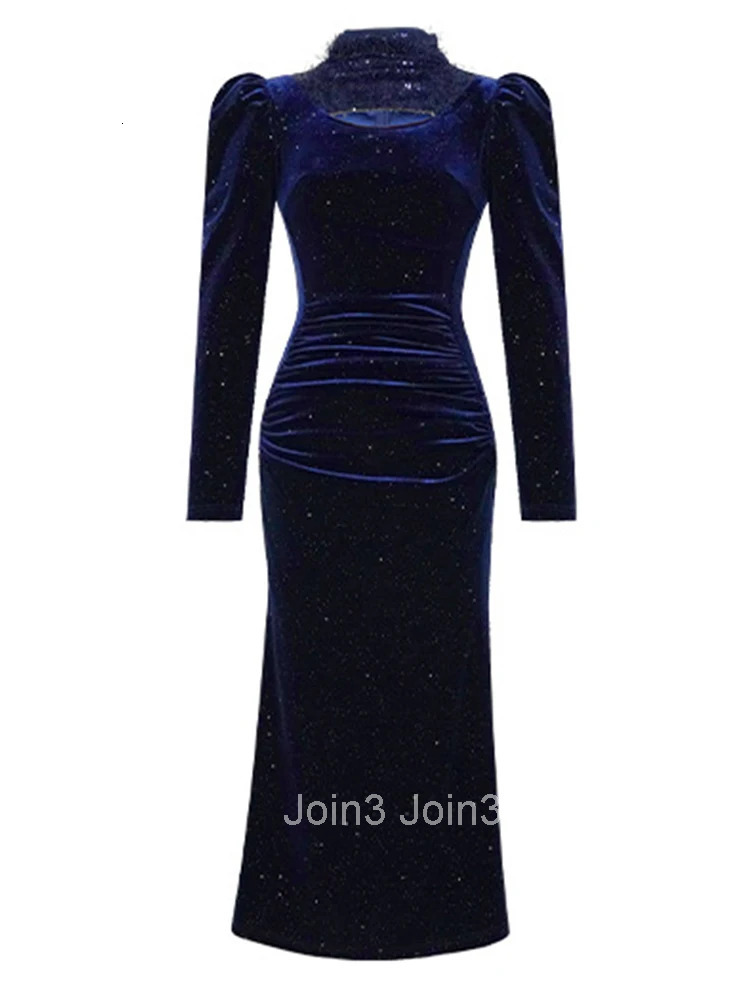 Women Clothes Velvet Shiny Stand Neck Slim Folds Midi Fishtail Dress Elegant Evening Party Vestido Robe Autumn Winter Casual New
