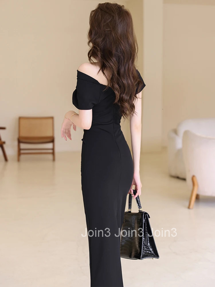 New Summer Elegant Women Evening Dress Chic Solid Sexy Diagonal Collar Folds Slim Midi Party Club Prom Robe Femme Mujer Vestidos