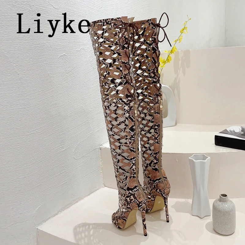 Liyke Sexy Snakes Print Leather Women Hollow Out Thigh High Over The Knee Boots Sandals Fashion Open Toe Zip Lace-Up Heels Shoes 250617