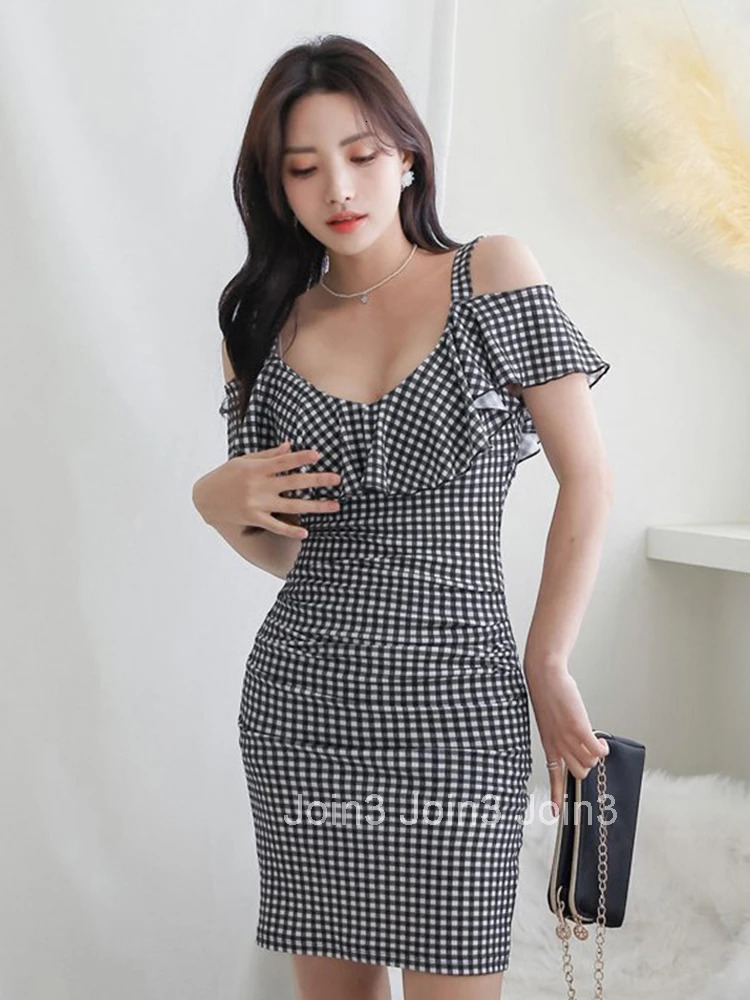 Korean Fashion Summer Elegant Women Evening Dress Mujer Chic Vintage Plaid Sexy Off-Shoulder Slim Midi Party Club Prom Vestidos