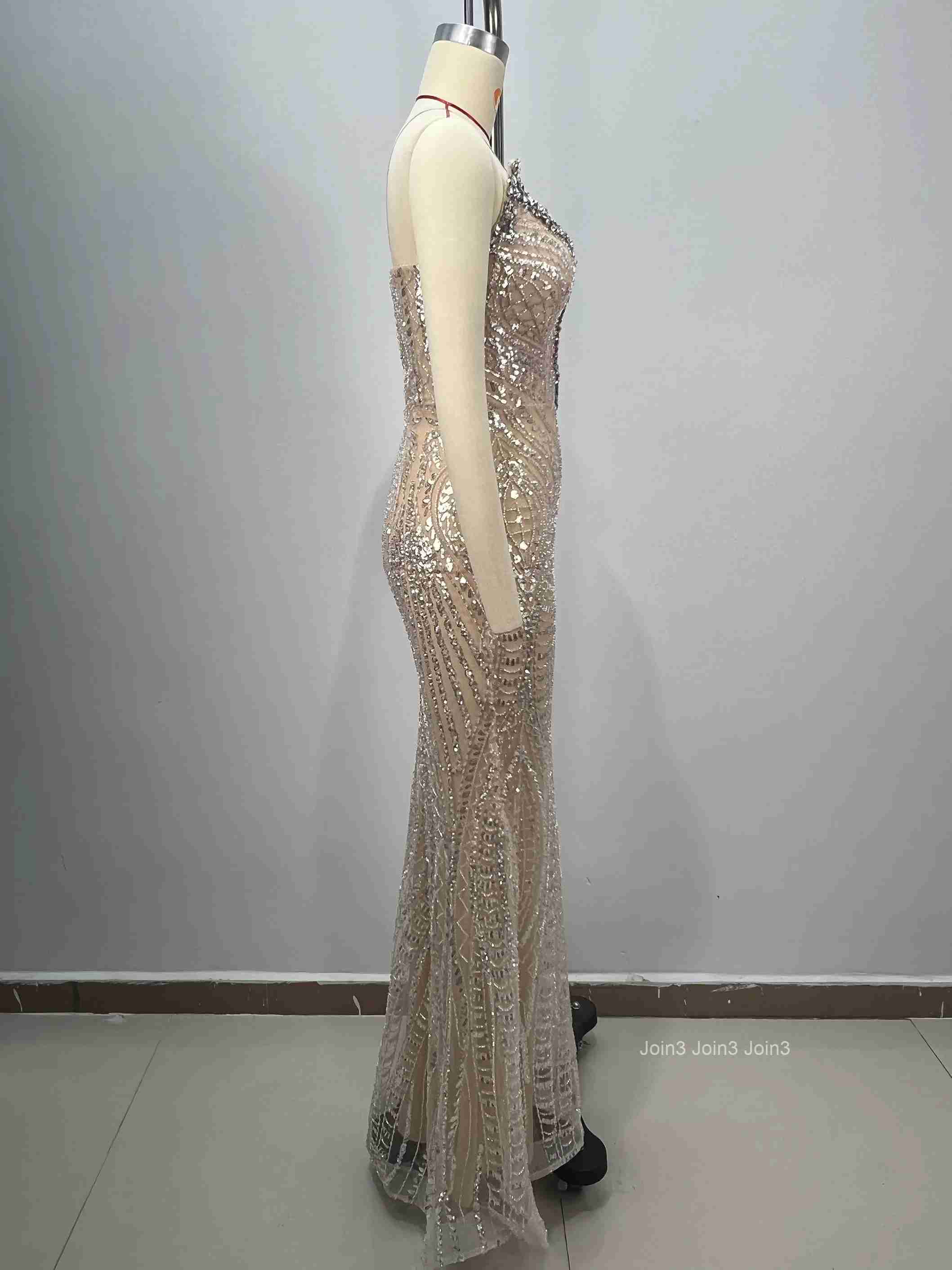 Bandage Dress Gold Sequin Mermaid Evening Gown Beaded Bodice Choker Neckline Fitted Fishtail Formal Party Gown Champagne
