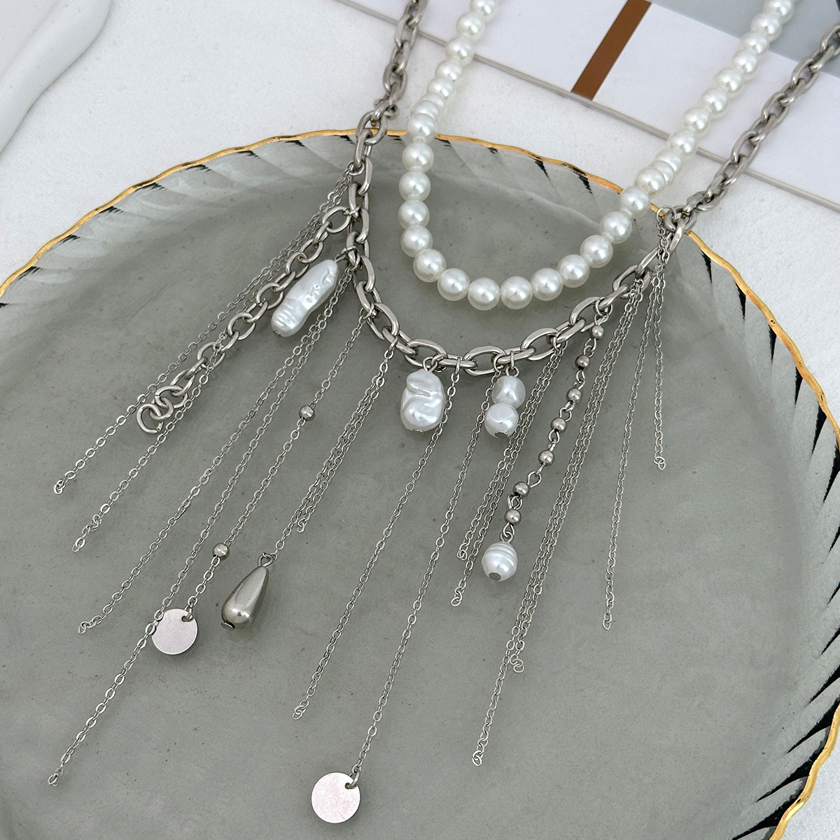 French Style Pearl Short Choker Niche Heart Cross Multi-layer Wrapped Necklace Jewelry