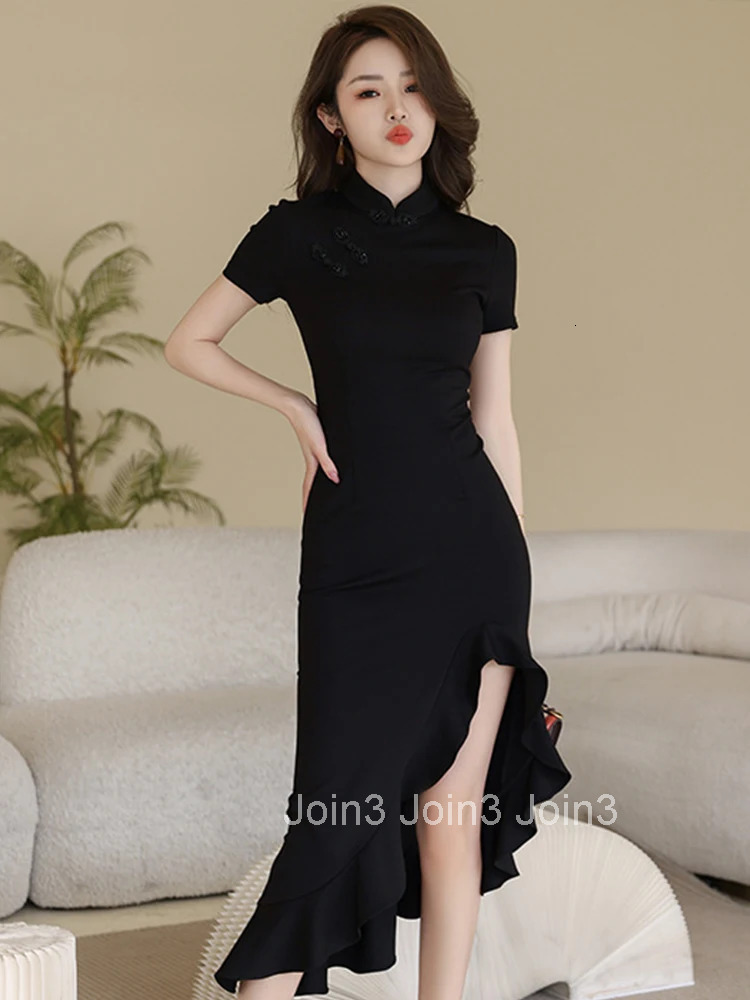 New High Quality Summer Chinese Style Elegant Women Evening Dress Mujer Black Stand Neck Slim Midi Party Club Prom Robe Vestidos