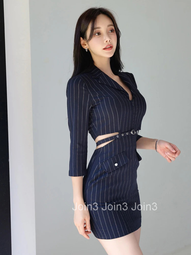 French Style Fashionable Dress Women Korean Professional Exposed Waist Stripes Hollow Belt Mini Gown Femme Office Lady Vesitdos