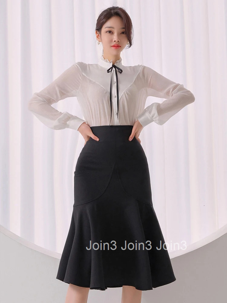 New Korean Fashion Spring Autumn 2 Pieces Outfits Elegant Women White Sparkly Bright Silk Tops Shirt Blouse Midi Skirt Mujer Set