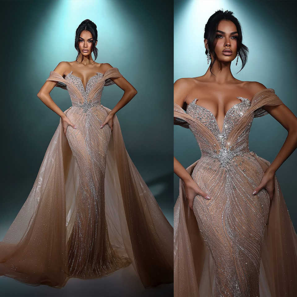 Elegant Off Shoulder Mermaid Evening Dresses Fashion Beaded Crystal Prom Dress Detachable Train Sequins Party Gown Customized