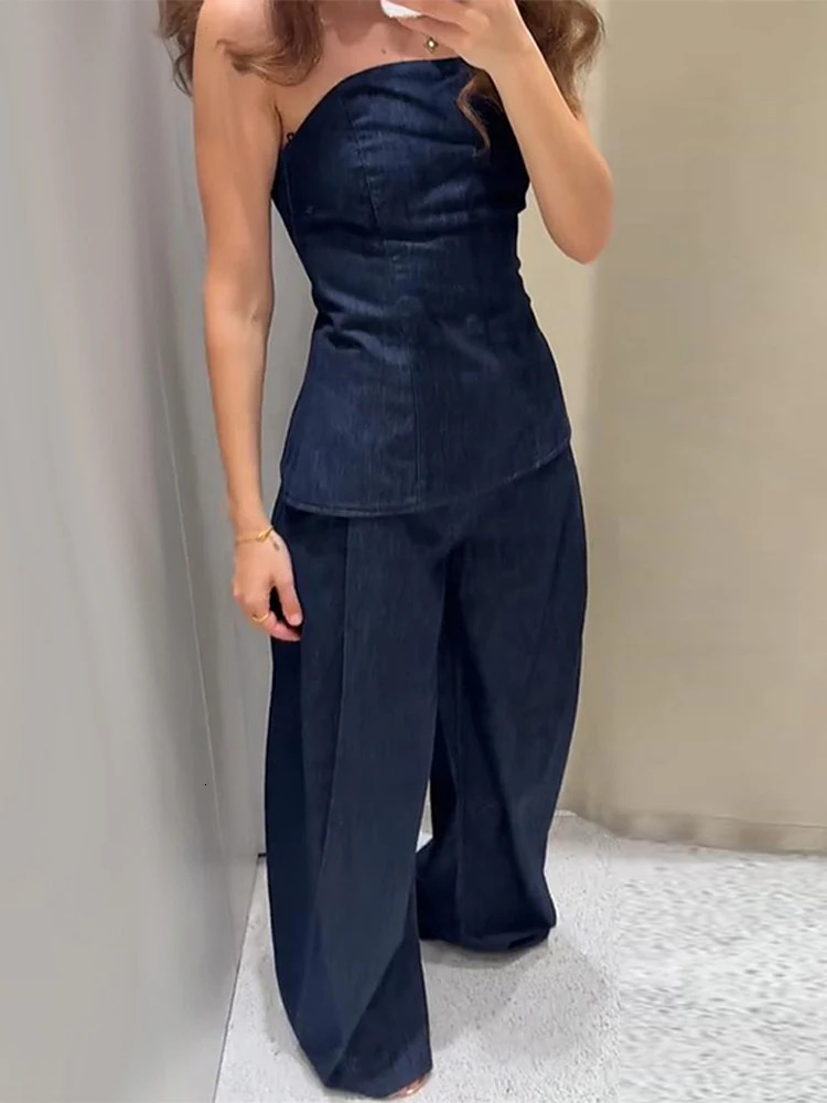 Vintage Denim Pants Suits Set Strapless Top Matching High Waist Wide Jeans Summer Female Chic Casual Daily Two Piece Outfit 250616