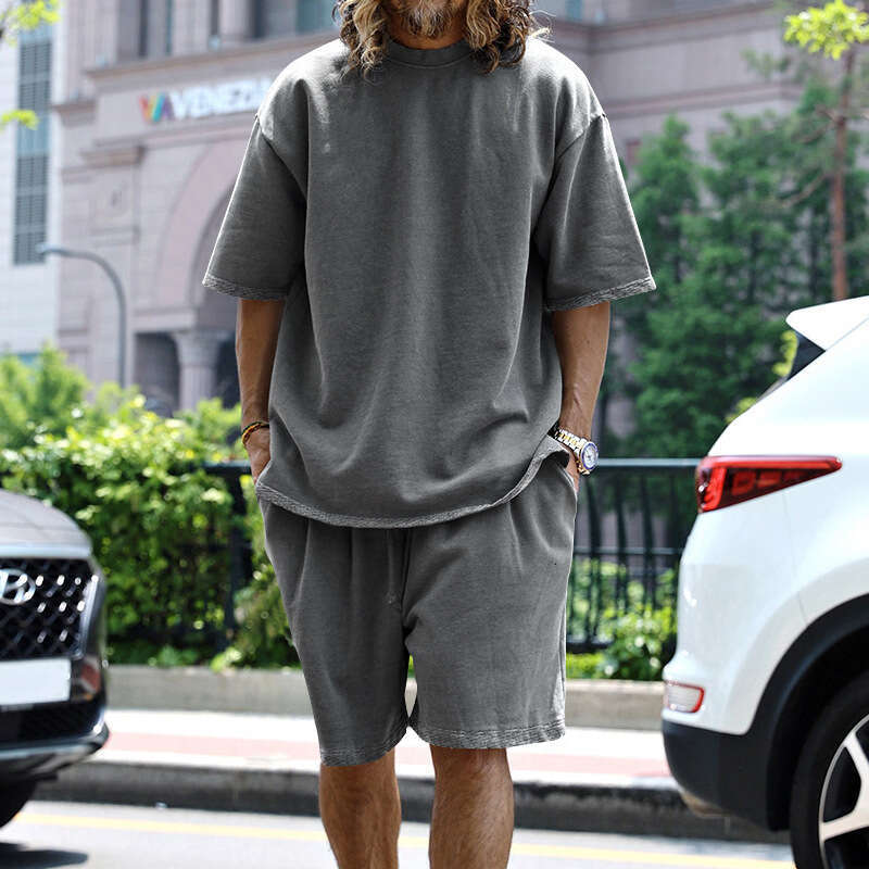 25 European and American Foreign Trade Plus Size Casual Loose Short Sleeve T-Shirt Spring Summer Shorts Solid Color Men's Set