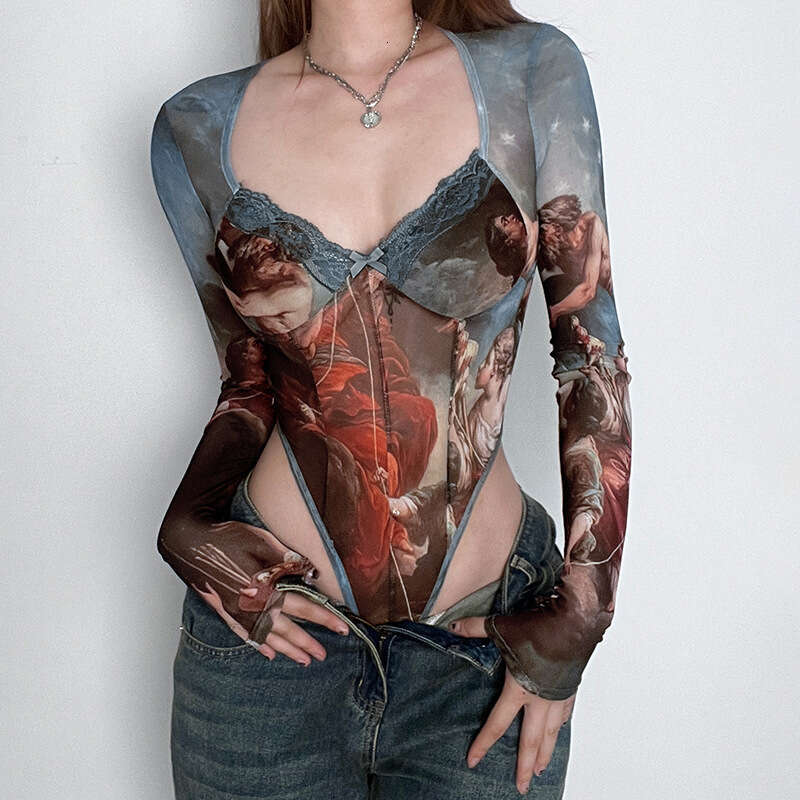 Printed Color-Block Pure Desire Sexy Patchwork Sheer Long Sleeve Jumpsuit Top New Style B5