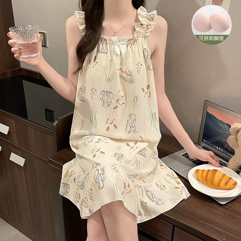 2025 women's models spring and summer sweet ins style halter mid-length loose nightgown female home dress grey rabbit