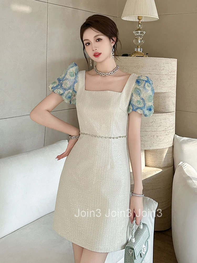New Fashion Silver Shiny Bright Silk Summer Evening Dress Women Clothes Elegant Sweet Floral Puff Sleeve Slim Party Prom Vestido