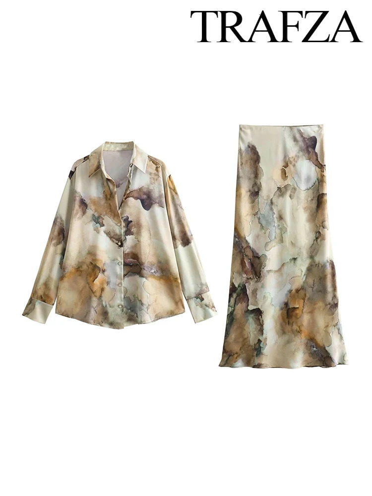 TRAF Womens Temperament TieDye Silk Texture Suit SingleBreasted Long Sleeve Loose Shirt Midi Elastic Waist Skirt 250614