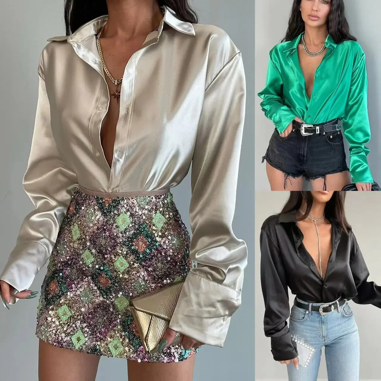 Sexy Professional Long Sleeve Satin Finish Single Button Shirt Womens Fashionable Business Shirt T-Shirt Female Clothing 250617