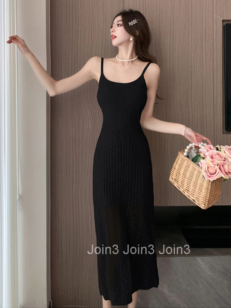 Women Clothes Solid Knitted Sheer Sexy Strap Slim Midi A-Line Dress Elegant Fashion Party Prom Vestidos Robe Beach Casual Summer