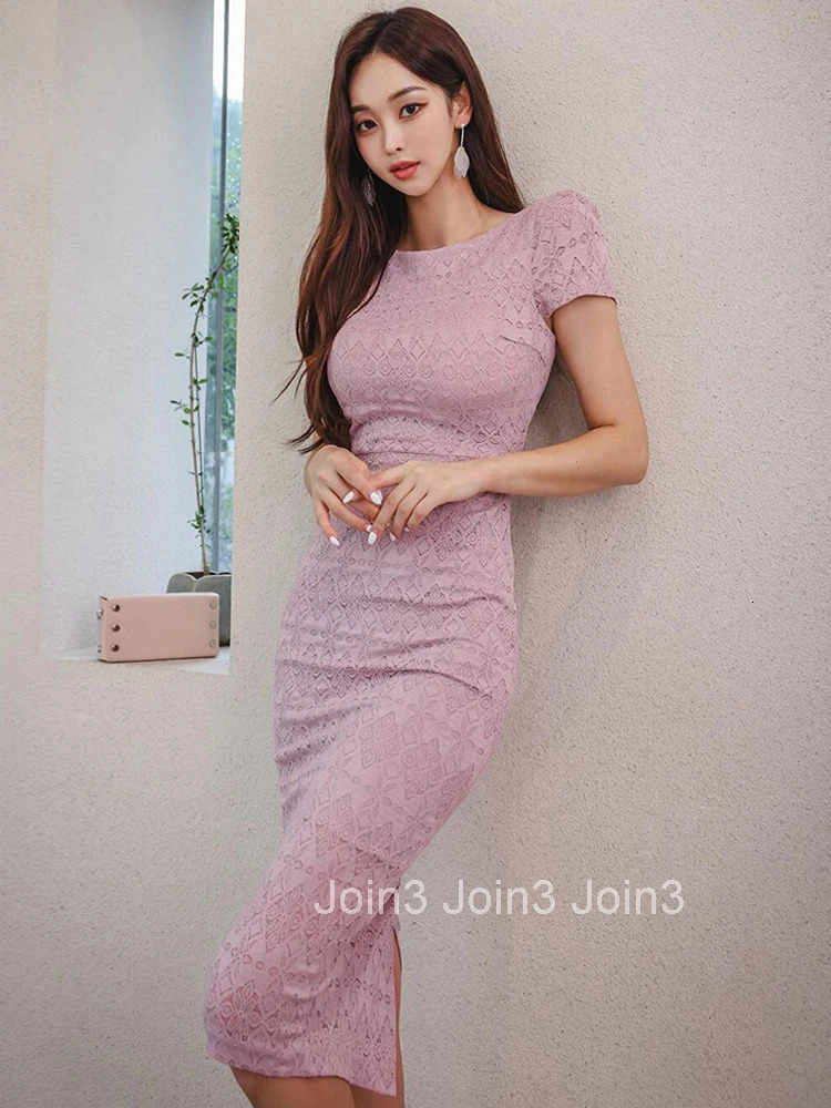 New Summer Fashion Work Style Lace Formal Dress Women Clothes Elegant Office Simple Solid Short Sleeve Slim Midi Pencil Vestidos