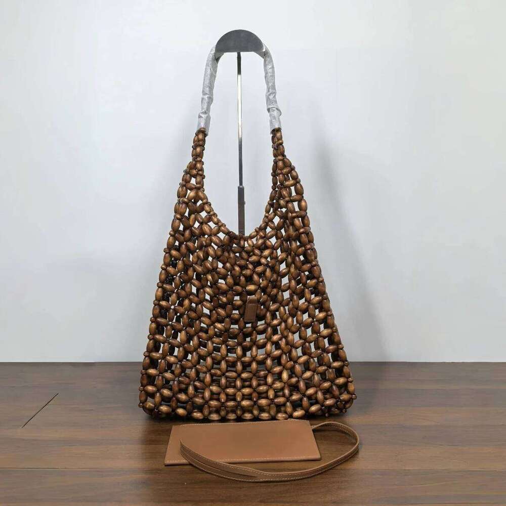 Wooden Bead Handmade Woven 2025 New Retro Design Bags Women's Hollow Out Seaside Travel Hand-held Shoulder Underarm Bag
