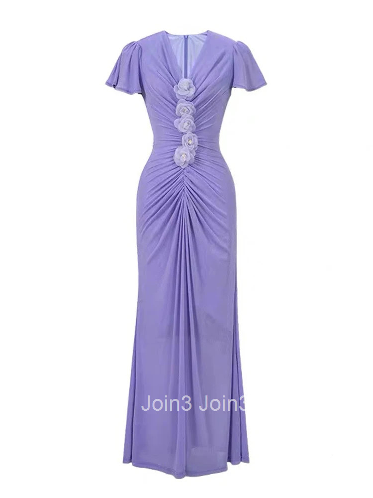 French Romance Purple Vacation Evening Dress Women Stretchy Clothes Elegant Floral V-Neck Skinny Maxi Robe Party Prom Vestidos