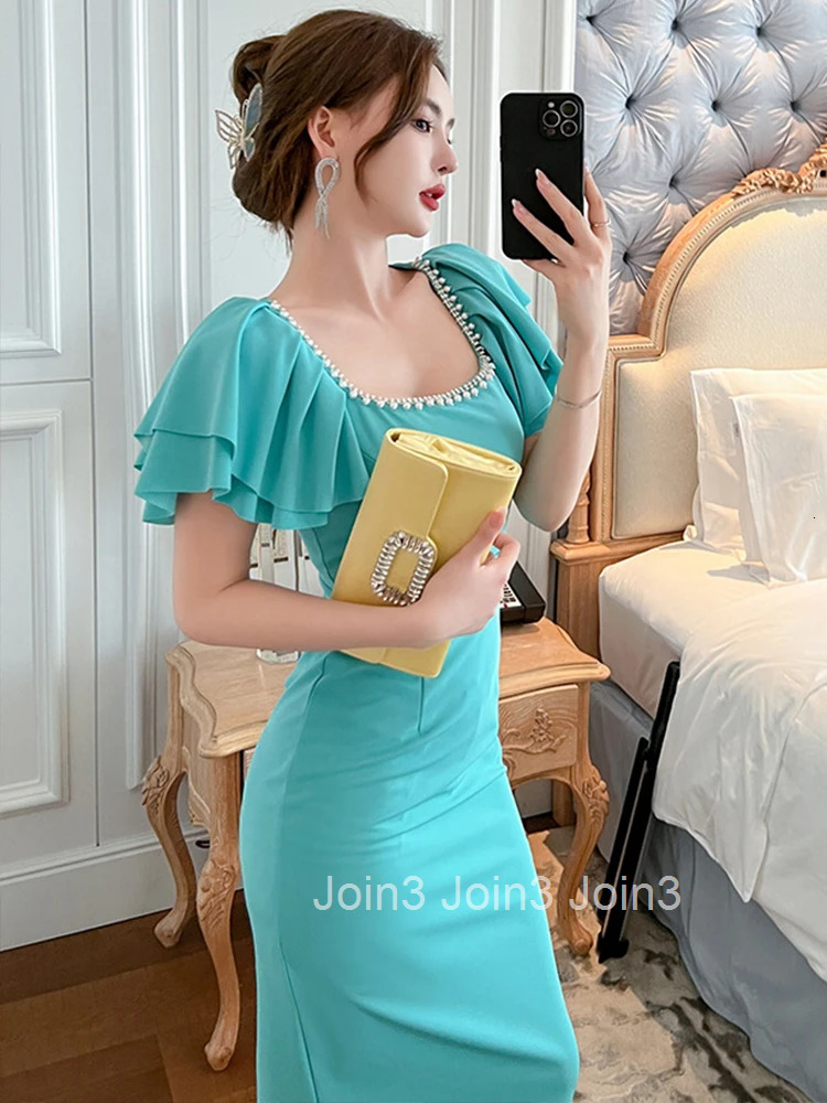 Summer Elegant Office Women Evening Dress Vintage Ruffle Square Collar Slim Midi Pencil Party Prom Stretchy Femme Mujer Vestidos