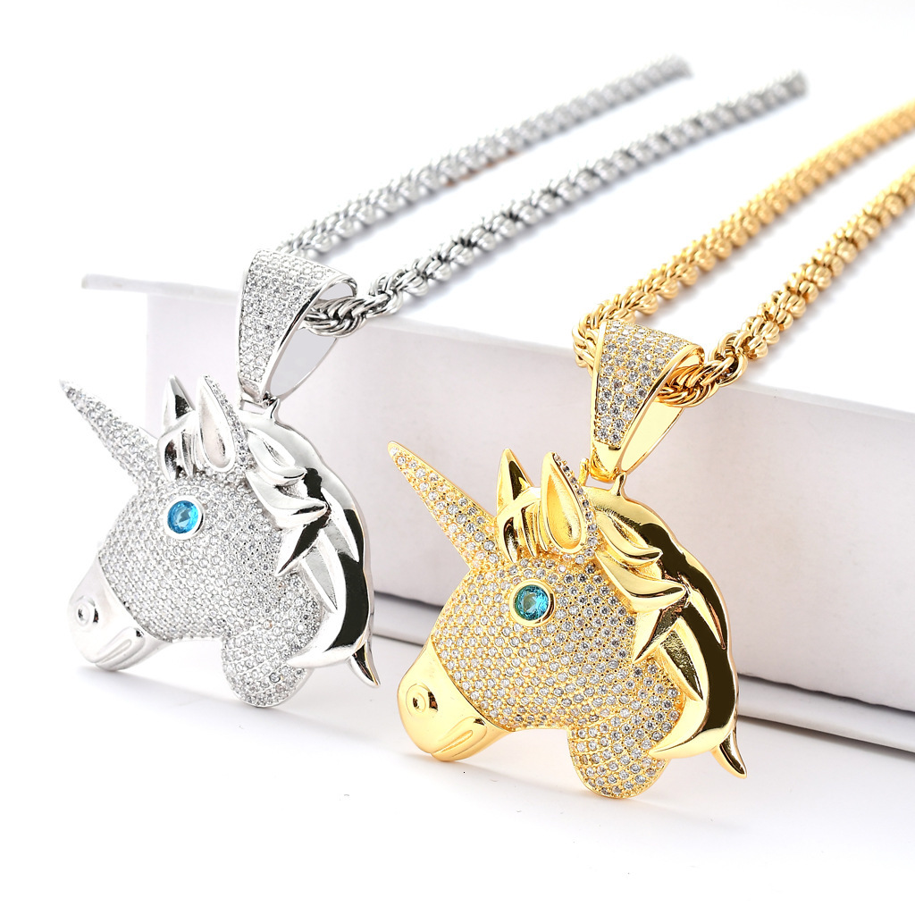 Hip Hop Moissanite Jewelry Unicorn Pendant Iced Out Agate Eyes Men Hip Hop Necklace Pass the diamond tester