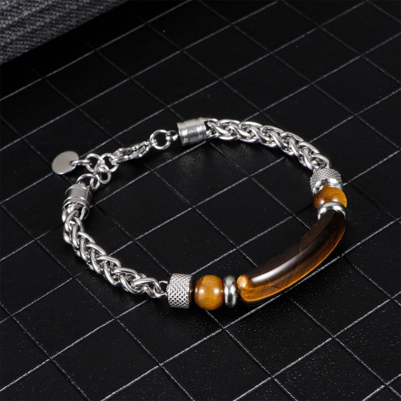 Natural Gemstone Bridge Bar Bracelet Charm Stainless Steel Chain Writband Cuff for Men Women Father Dad Anniversary Birthday Gift Fashion Fine Jewelry