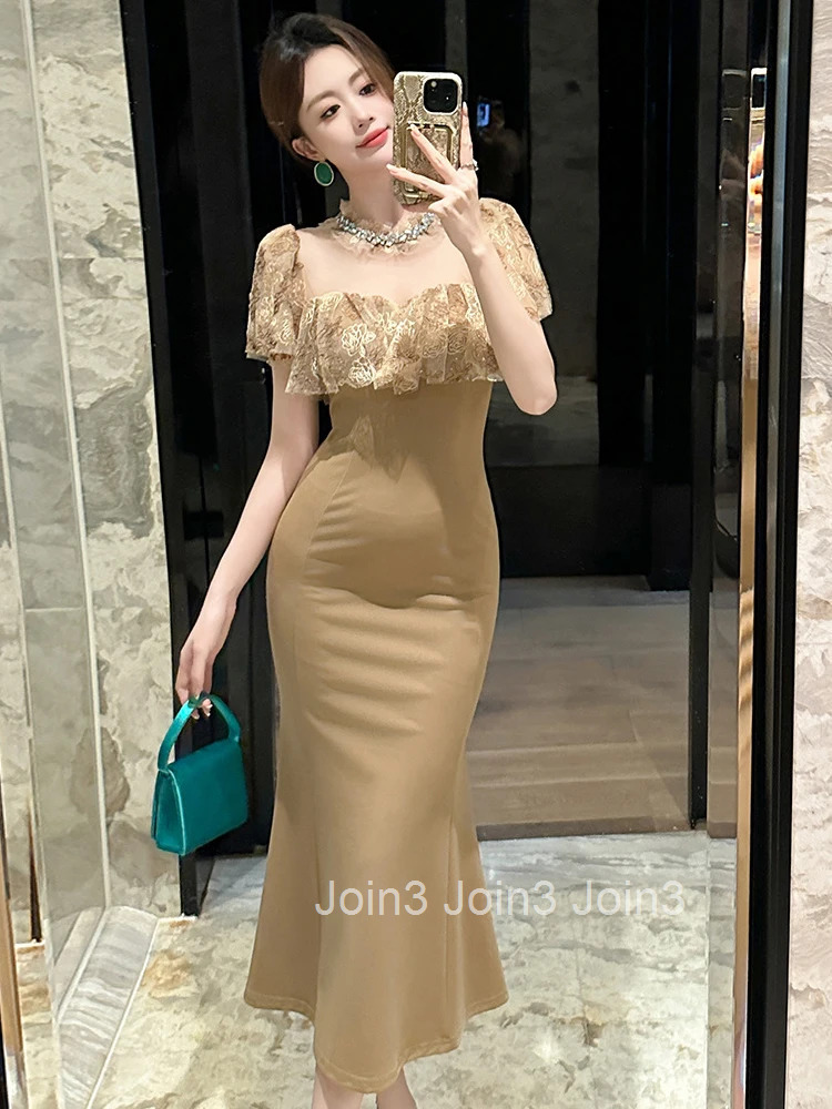 Women Clothes Pink Sweet Lace Sheer Sexy O-Neck Slim Midi Fishtail Dress Elegant Ladies Fashion Party Prom Vestidos Robe Casual