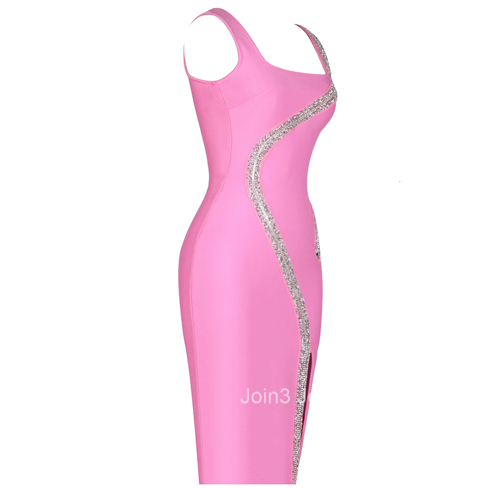 New Pink Black Bodycone Bandage Dress For Women Chic Sleeveless Flash Snake Shape Diamond Embellished Luxury CelebrityParty Gown