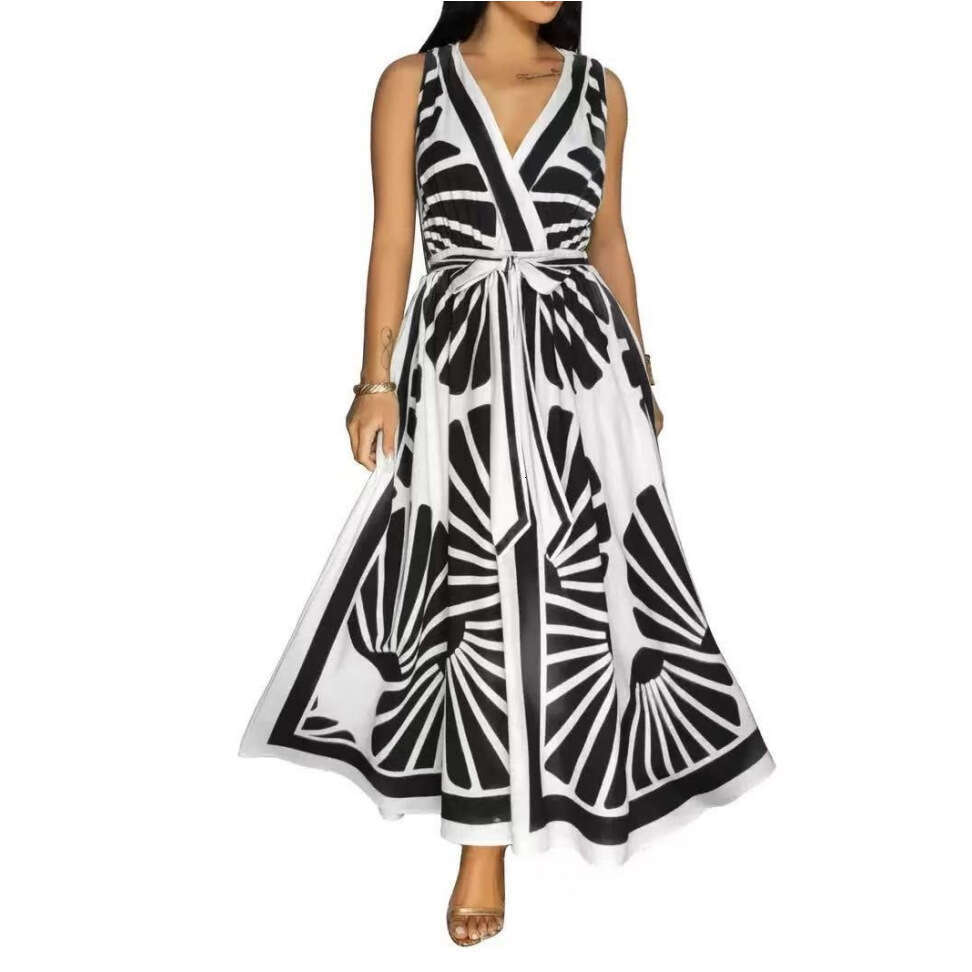 V-Neck Positioning Print Backless Bohemian Flared Dress B5