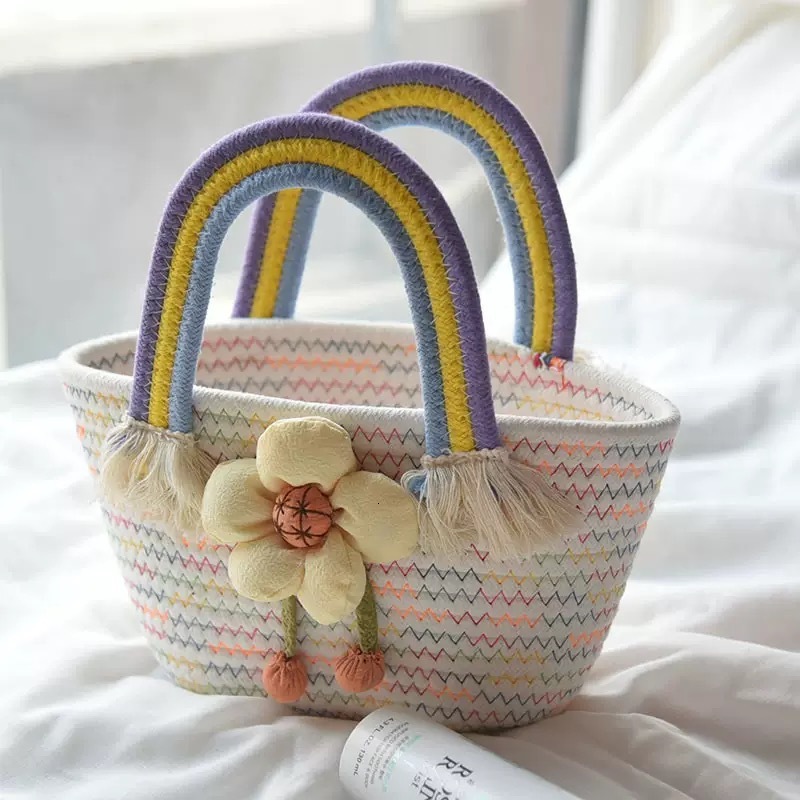 Women's Fashion New Rainbow Woven Bag Free Shipping Designer Vacation Style Beach Bag Casual Handbag Vegetable Basket Birthday Gift With Souvenir