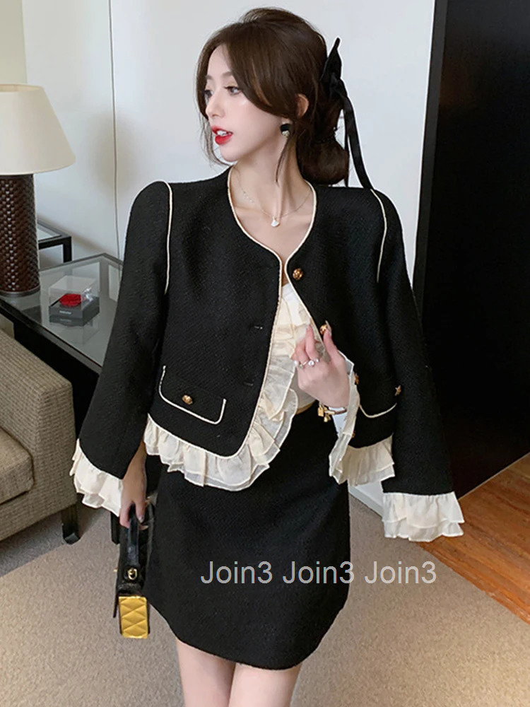 New Fashion Black Tweed 2 Pieces Outfit Women Ladies Sweet Ruffle O-Neck Coat Tops Jacket Outwear And Mini Skirt Mujer Short Set